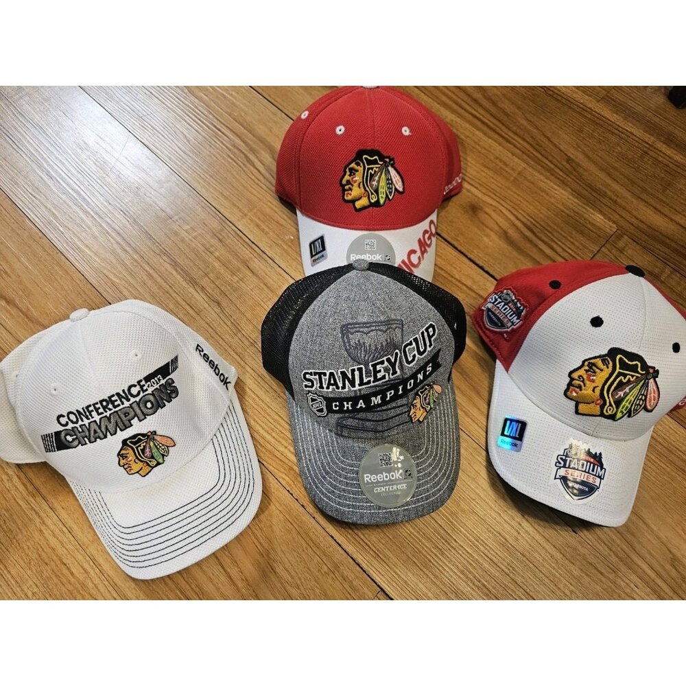 Lot of 4 Chicago Blackhawks Hat Caps Champions Center Ice Stadium Series Adult